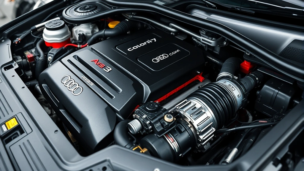 Detailed close-up of RS3 mechanical components and engine bay showing precision engineering and performance specifications during professional vehicle inspection