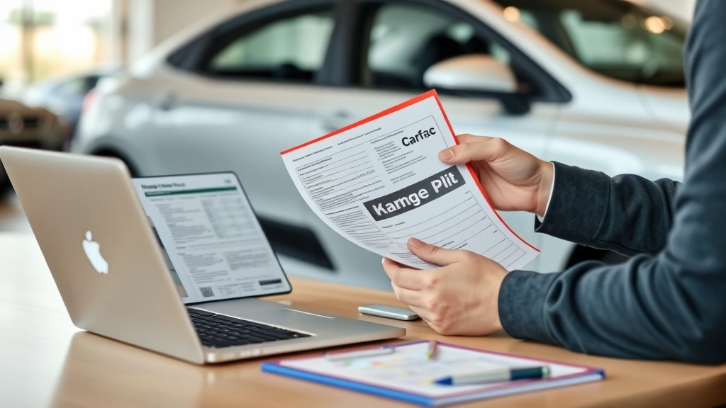 Customer reviewing vehicle documentation and Carfax reports at desk with laptop and inspection clipboard during automotive purchasing process