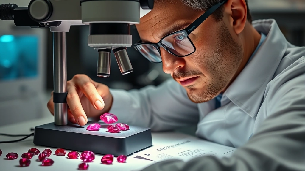 Professional gemologist examining loose ruby gemstones under magnification lamp in modern laboratory setting with certification documents visible on desk, professional lighting highlighting stone clarity and color
