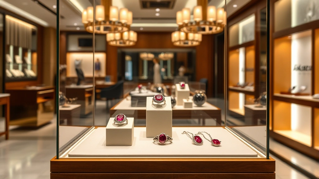 Luxury jewelry display case containing elegant ruby rings and necklaces in elegant showroom with soft ambient lighting, professional retail environment with polished wooden fixtures
