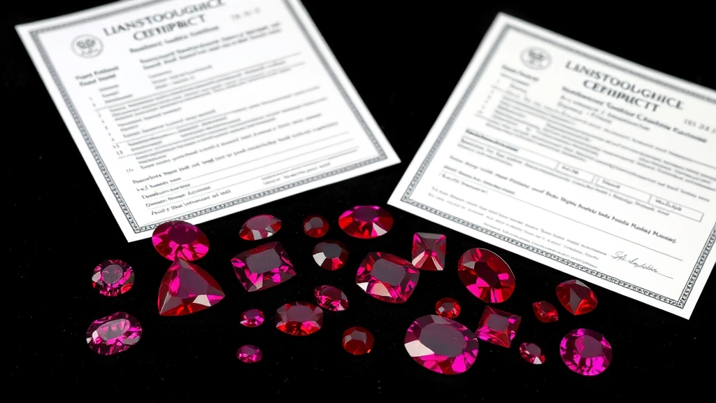 Investment-grade loose rubies of varying sizes arranged on black velvet surface with gemological report documents, professional photography setup with neutral background emphasizing stone brilliance