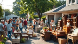 Diverse crowd of shoppers browsing outdoor garage sale setup with tables of household items, furniture, and vintage goods on residential driveway, morning sunlight, authentic neighborhood setting