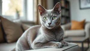 Professional close-up portrait of a Russian Blue cat with striking emerald green eyes and silvery-blue double coat, sitting gracefully on a modern furniture piece in a minimalist home setting, natural window lighting, photorealistic, high quality