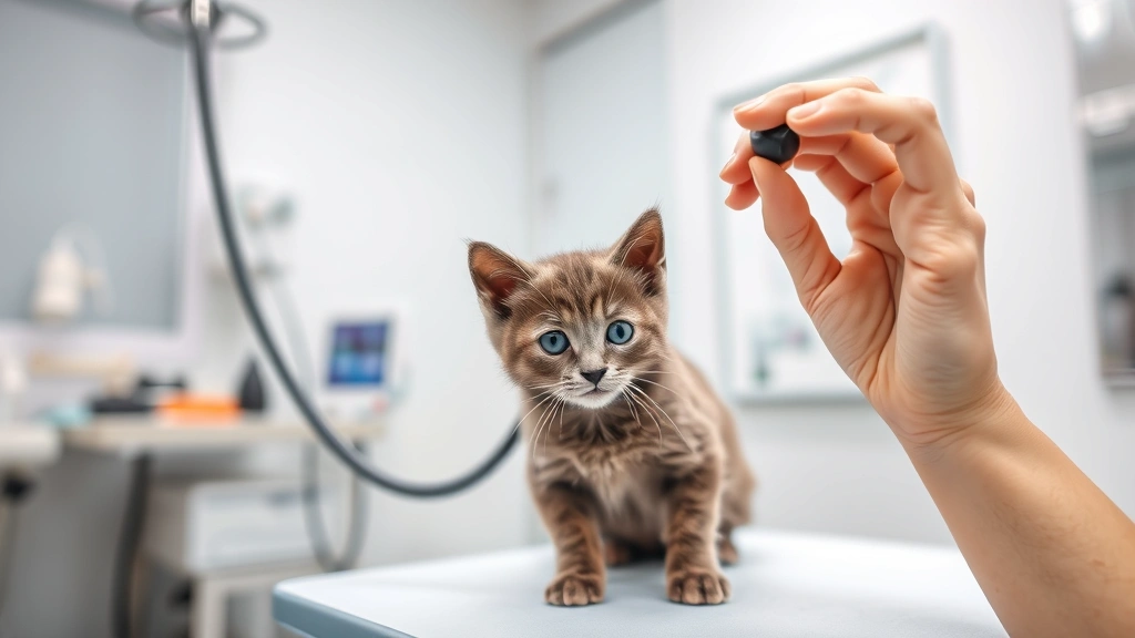 Veterinarian conducting health examination on a Russian Blue kitten using stethoscope, modern veterinary clinic environment with medical equipment visible, professional healthcare setting, photorealistic documentation style