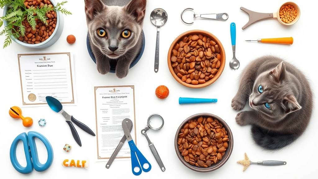 Overhead flat-lay arrangement of Russian Blue cat care essentials including premium cat food in bowls, grooming tools, health certificates, vaccination records, toys, and supplies organized on a clean white surface, business-focused product photography style