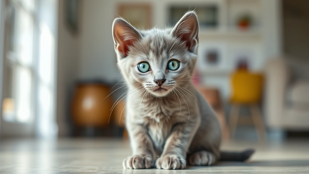 Professional Russian Blue kitten sitting attentively in bright home environment, displaying characteristic silvery-blue coat and striking emerald eyes, well-lit natural lighting, close-up portrait style photography