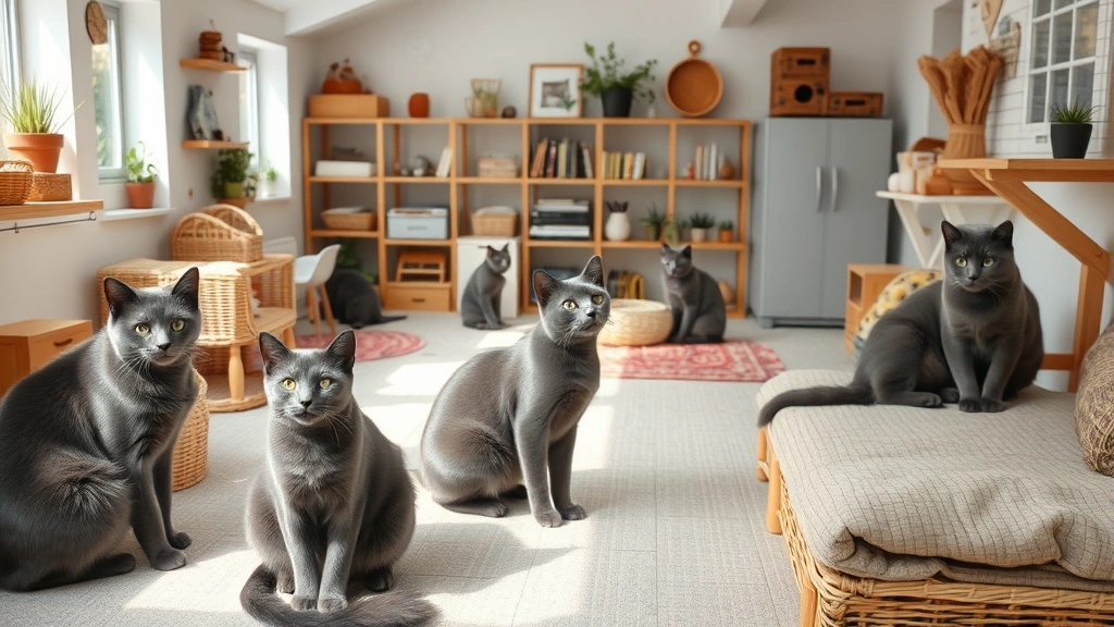 Responsible cat breeder's home interior showing clean cattery setup with multiple Russian Blue adult cats in comfortable enriched environment, spacious clean facilities, natural daylight, professional breeding space