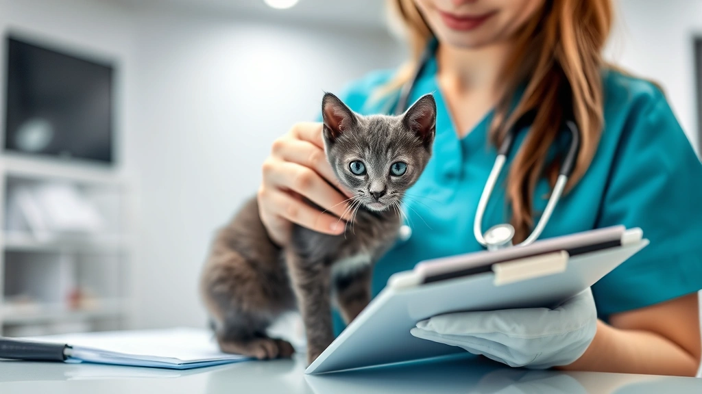 Veterinarian conducting health examination on Russian Blue kitten with stethoscope and documentation clipboard, modern veterinary clinic setting, professional medical care environment, clear focus on health screening process