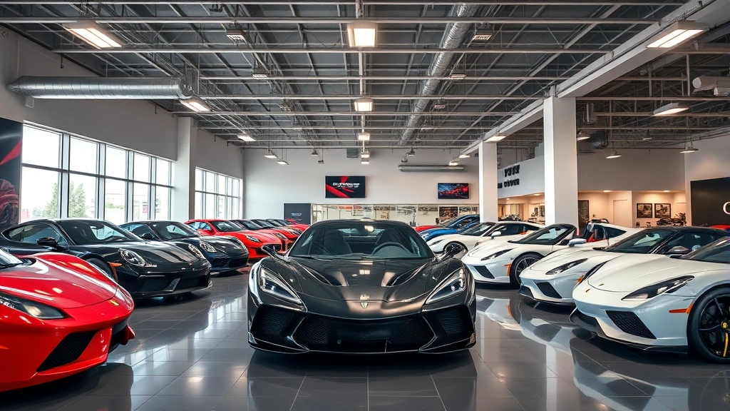 Professional automotive dealer showroom interior with sleek sports cars displayed under modern lighting, showcasing inventory management and professional retail environment, photorealistic high-quality image