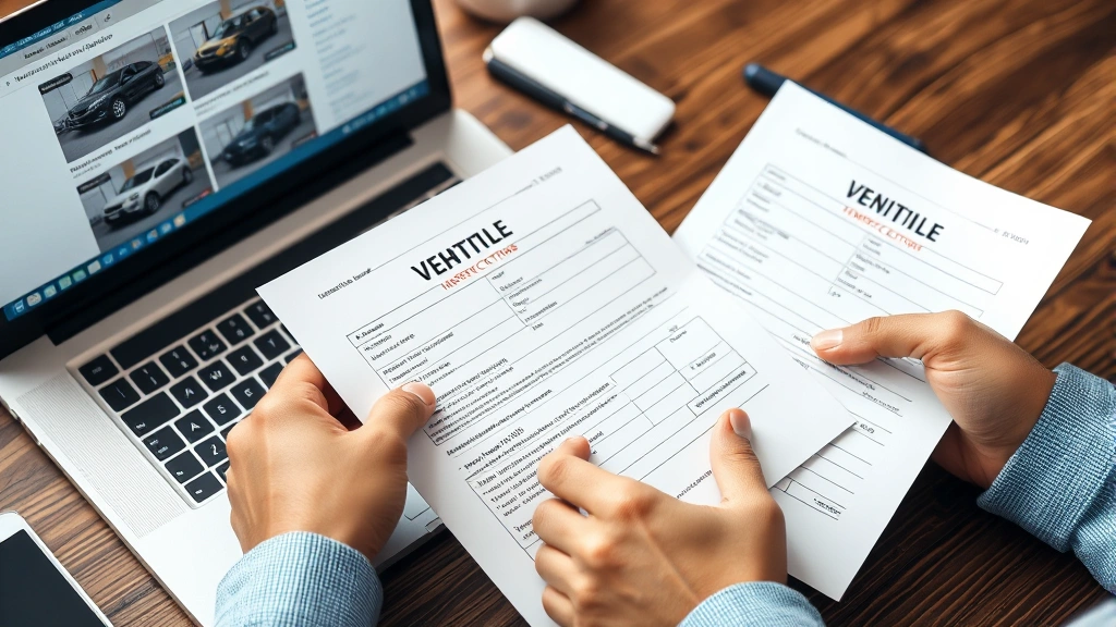 Close-up of hands holding vehicle title documents and inspection reports on a wooden desk with laptop showing vehicle listings, representing documentation verification and research process