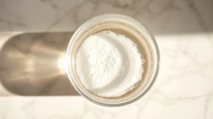 Close-up overhead shot of effervescent powder dissolving in clear glass of water, fizzy bubbles visible, warm natural lighting on white marble surface, wellness aesthetic, no text visible