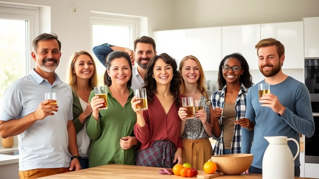 Diverse group of people in modern kitchen setting holding glasses of water, appearing relieved and satisfied, natural daylight from windows, candid lifestyle photography, digestive wellness context