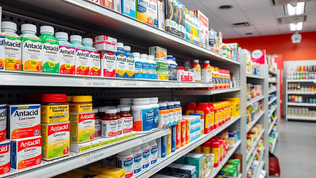Organized pharmacy shelf displaying antacid products and traditional remedies, professional retail environment, modern lighting, diverse product packaging, consumer shopping scenario