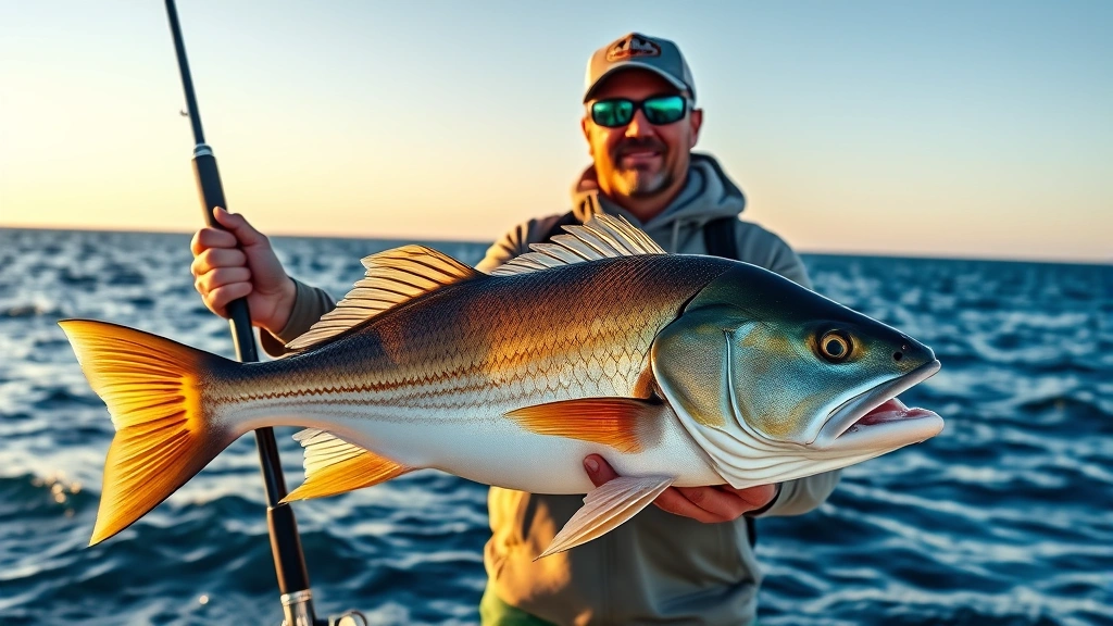 Professional angler holding large saltwater fish with premium fishing rod and reel, coastal ocean background, golden hour lighting, detailed equipment visible