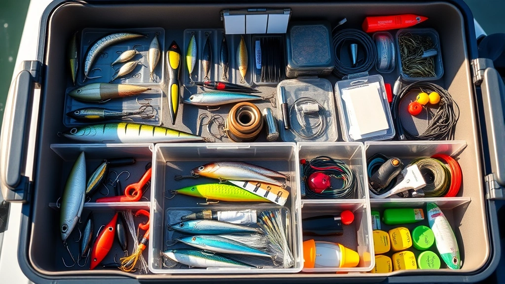 Organized fishing tackle box with multiple compartments displaying lures, hooks, leaders, and organized gear neatly arranged, bright natural lighting, top-down angle