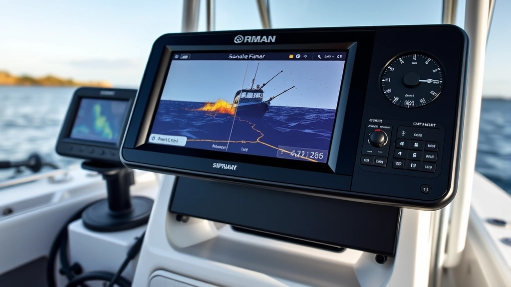 Modern boat with integrated fish finder display screen showing sonar data, GPS navigation systems, and fishing electronics in contemporary coastal setting, professional setup
