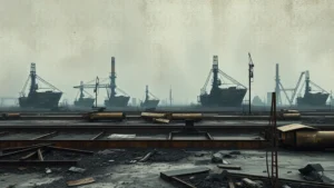 Abstract industrial landscape with rusted metal textures, muted color palette of grays and rust tones, desolate post-apocalyptic environment, artistic composition emphasizing decay and deterioration, no characters or text visible