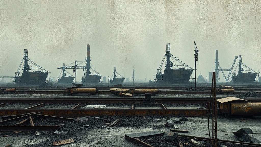 Abstract industrial landscape with rusted metal textures, muted color palette of grays and rust tones, desolate post-apocalyptic environment, artistic composition emphasizing decay and deterioration, no characters or text visible