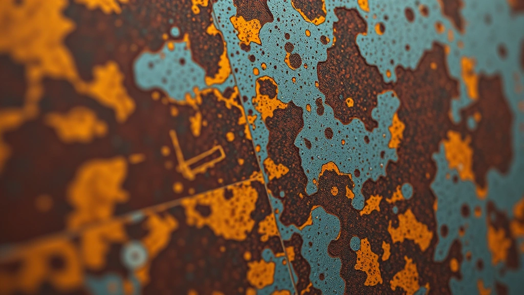 Close-up of corroded metal surfaces with intricate rust patterns, shallow depth of field, photorealistic texture detail, warm rust and orange tones contrasting with cool shadows, minimalist industrial aesthetic