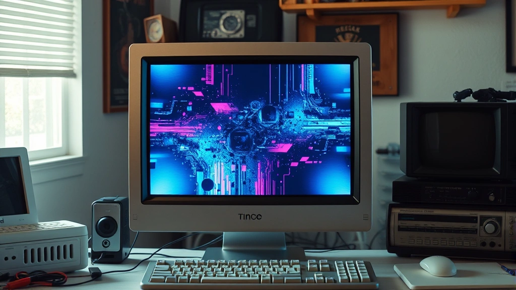 Vintage computer monitor displaying abstract digital art, early 2000s technology aesthetic, soft studio lighting, creative digital workspace with retro equipment, artistic and nostalgic atmosphere, no visible text or code