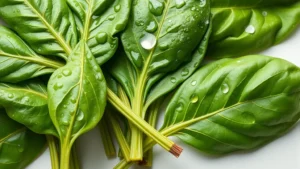 Close-up of fresh vibrant spinach leaves with water droplets, arranged on white surface, professional product photography style, natural lighting