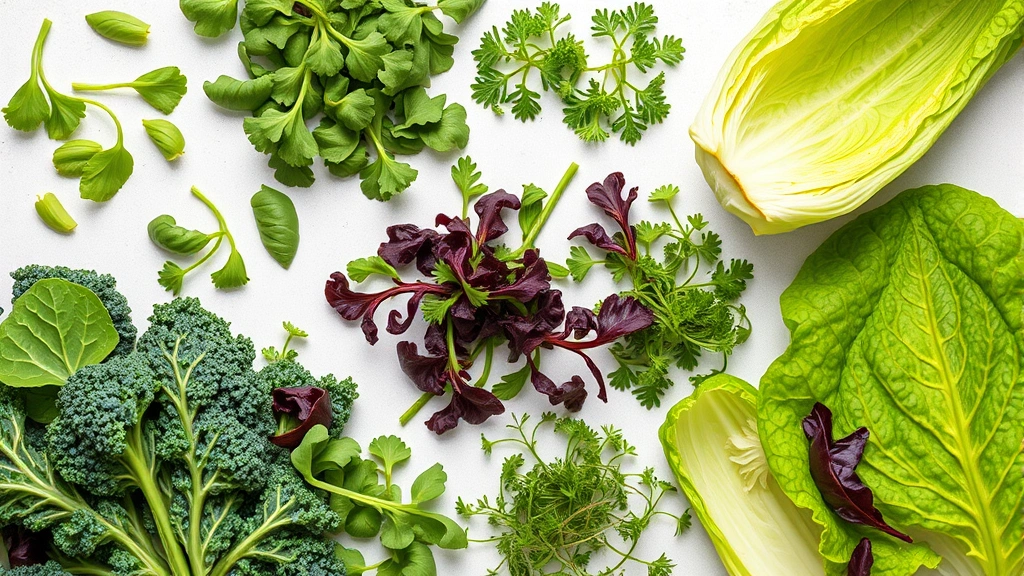 Overhead flat lay composition of mixed salad greens including kale, arugula, microgreens, and romaine lettuce on neutral background, commercial food styling