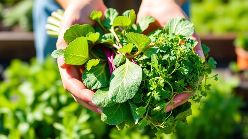 Hands holding bundle of freshly harvested Swiss chard and microgreens, bright natural daylight, showing produce quality and freshness, farm-to-table concept
