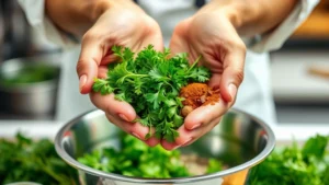 Professional chef hands holding fresh herbs and spices in a stainless steel mixing bowl, bright kitchen lighting, showcasing premium ingredient quality and culinary expertise, close-up detail of vibrant green parsley and aromatic spices
