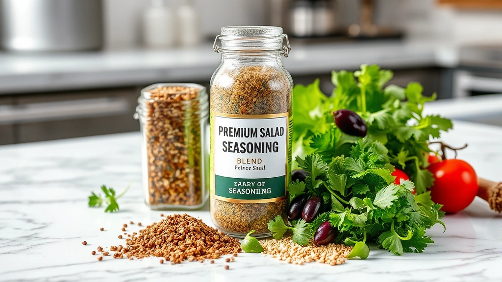 Premium salad supreme seasoning blend in glass jar with fresh herbs and spices arranged artfully on marble surface, professional kitchen setting, natural lighting emphasizing herb texture and color variation
