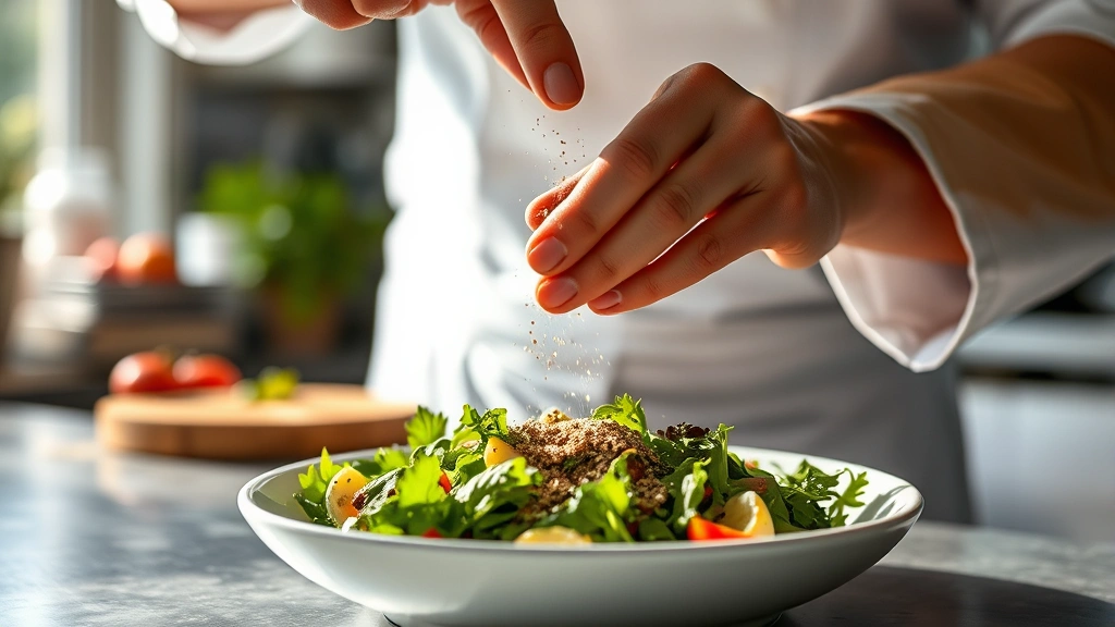 Chef's hands sprinkling seasoning blend over fresh salad in a professional kitchen, close-up detail showing herb texture and color, natural sunlight highlighting ingredient quality and culinary expertise