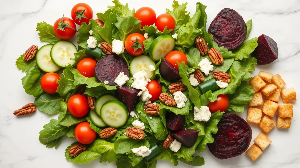 Overhead flat lay of colorful fresh salad ingredients including mixed greens, cherry tomatoes, sliced cucumbers, roasted beets, candied pecans, crumbled goat cheese, and crispy croutons on marble surface, professional food photography