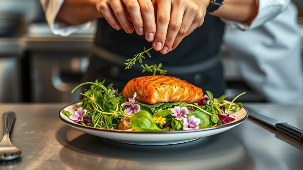 Action shot of chef assembling gourmet salad with grilled salmon, microgreens, edible flowers, and herb oil drizzle, modern restaurant kitchen with stainless steel preparation surface