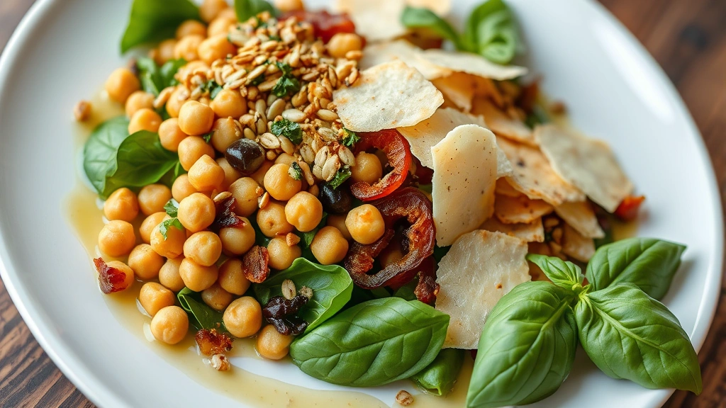 Close-up detail of premium salad toppings including toasted seeds, crispy chickpeas, caramelized onions, aged parmesan crisps, and fresh basil arranged on white ceramic plate with vinaigrette