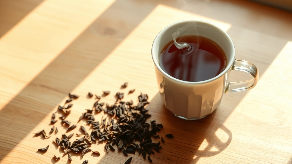 Professional overhead shot of steaming cup of black tea with loose tea leaves scattered on wooden surface, warm morning light filtering through window, minimalist aesthetic, no text visible
