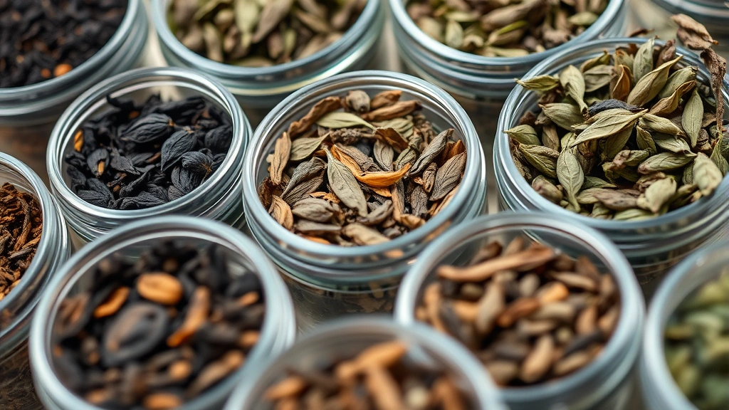 Close-up of various dry tea leaves including black and green varieties in clear glass containers, natural daylight illumination, shallow depth of field focusing on leaf texture detail, commercial product photography style