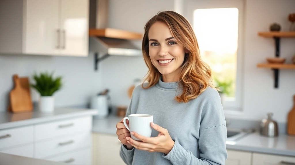 Woman in modern kitchen holding warm tea cup, looking relaxed and focused at morning, bright natural light from window, lifestyle photography, professional quality, no signage or branding visible