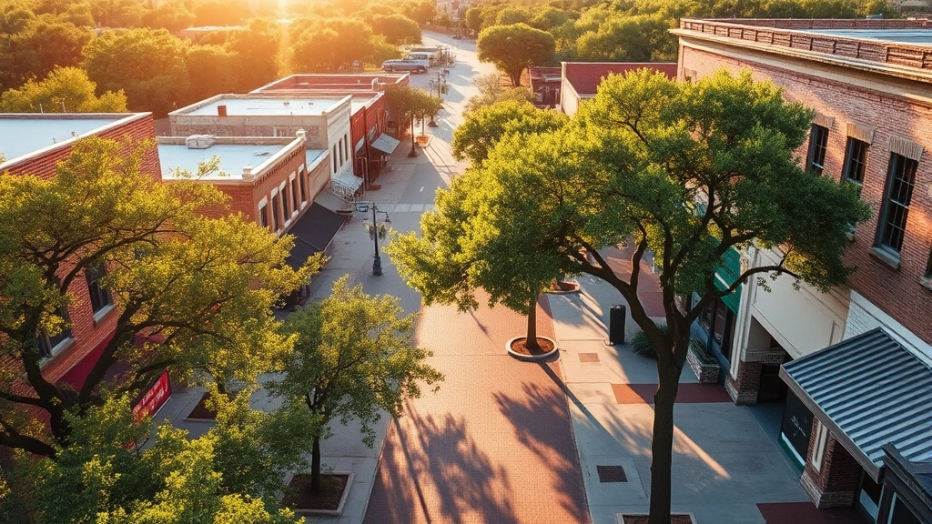 Aerial view of historic downtown Salado Texas main street with tree-lined walkways, restored brick buildings, and local storefronts, afternoon sunlight casting long shadows on sidewalks