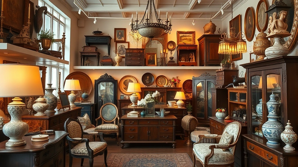 Interior of upscale antique showroom featuring curated vintage furniture, decorative objects, and collectibles arranged professionally on multiple display levels with warm ambient lighting