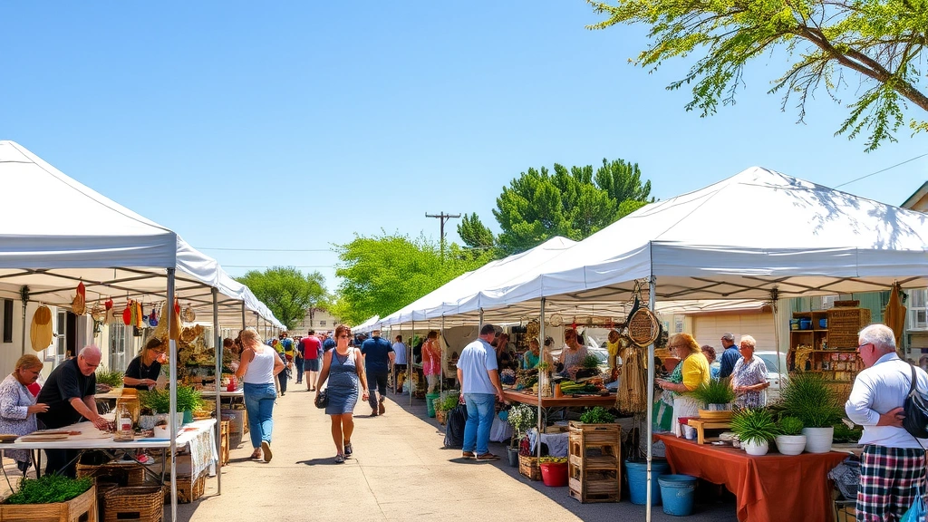 Outdoor farmers market or artisan fair in Salado with local vendors displaying handcrafted goods, fresh produce, and artisan products under white tent canopies on a sunny day