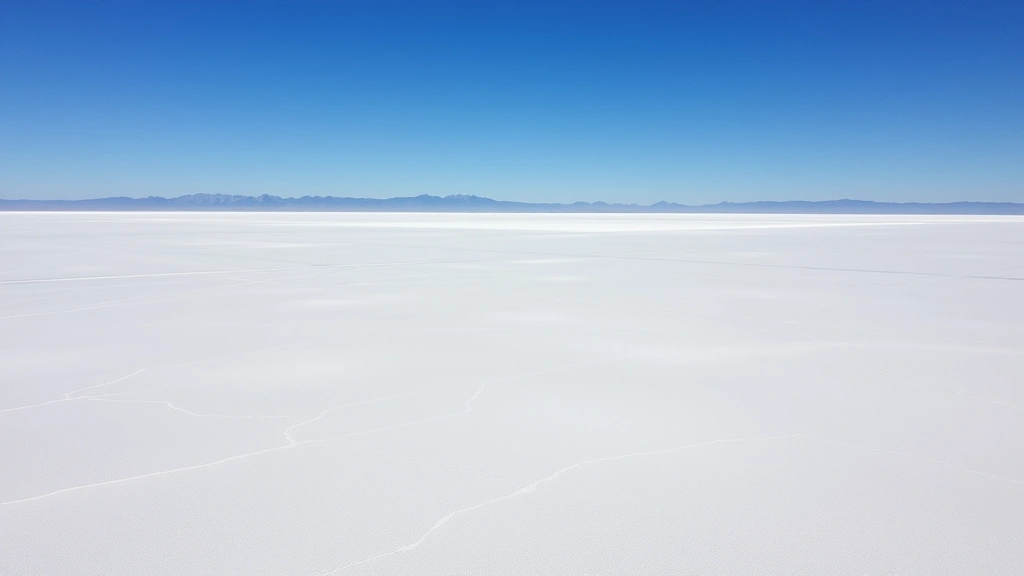 Aerial view of vast white salt flat extending to horizon under clear blue sky with distant mountains, photorealistic landscape photography, no text or signage visible