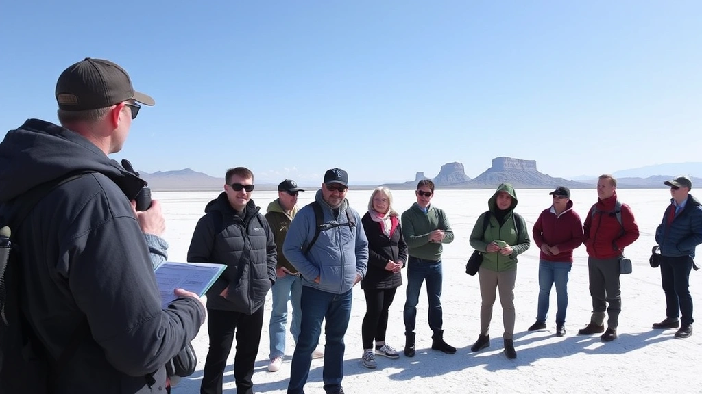 Tour guide explaining geological features to diverse group of international travelers standing on salt flat, professional photography, natural daylight, no visible signage