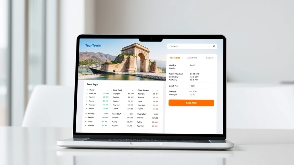 Modern tourism booking interface on laptop screen showing tour packages with calendar dates and pricing, professional business setting, clean minimalist design, no identifying text