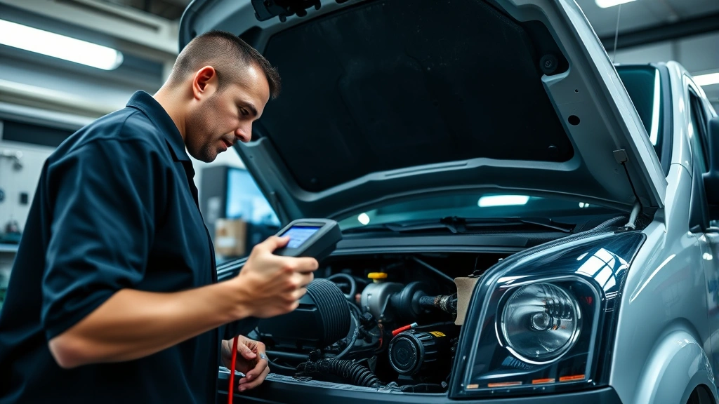 Close-up of professional mechanic using diagnostic equipment to test used commercial cargo van engine performance in well-lit service bay