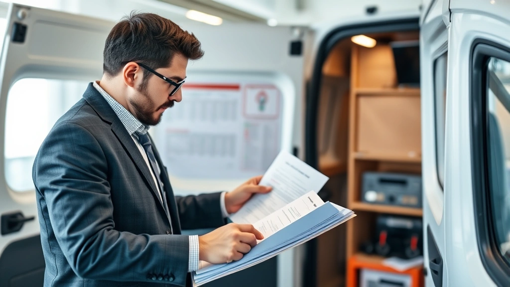 Business owner examining maintenance records and service history documents for commercial van purchase decision in office setting