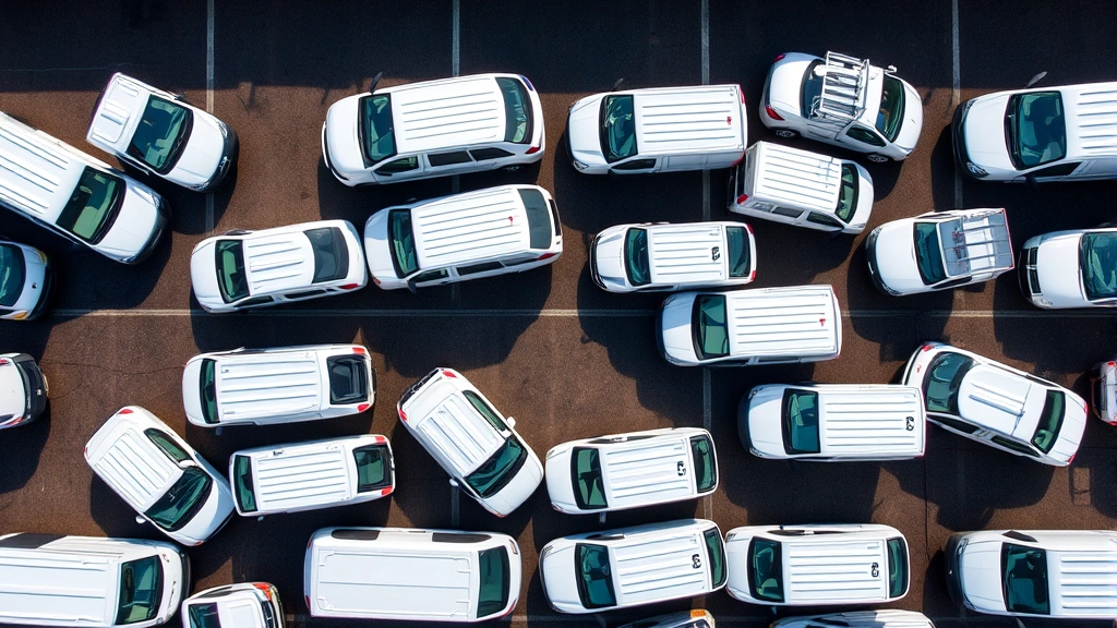 Overhead view of multiple used commercial vans parked in organized dealer lot with various body styles and configurations