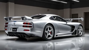 Saleen S7 Twin-Turbo supercar in metallic silver, photographed from three-quarter angle in professional automotive showroom with dramatic lighting, emphasizing sleek aerodynamic body lines and distinctive design elements