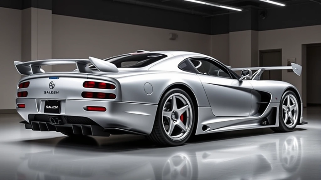 Saleen S7 Twin-Turbo supercar in metallic silver, photographed from three-quarter angle in professional automotive showroom with dramatic lighting, emphasizing sleek aerodynamic body lines and distinctive design elements