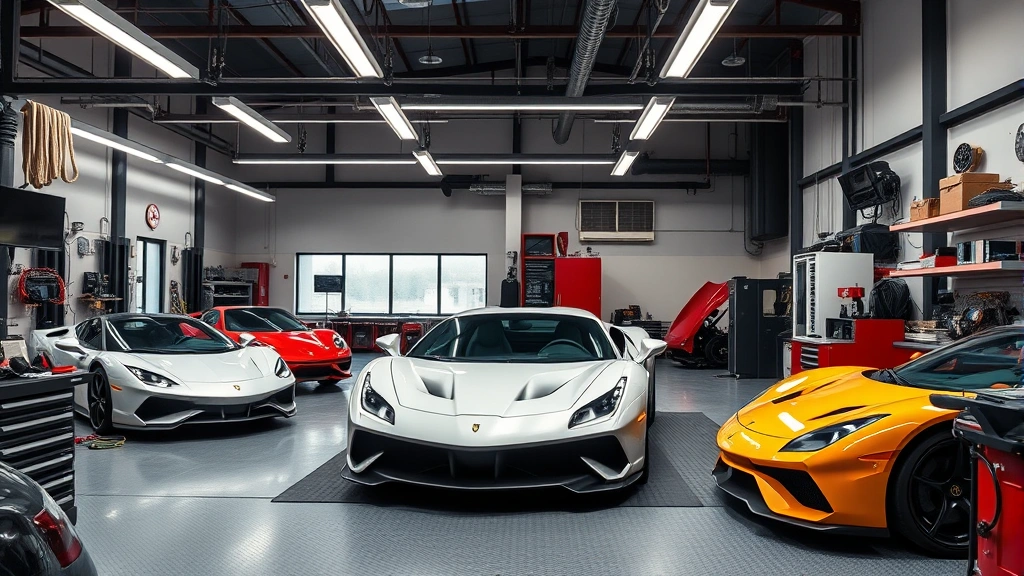 Luxury automotive workshop interior featuring precision tools, diagnostic equipment, and high-end workbenches where exotic supercars undergo meticulous maintenance and restoration by skilled technicians in professional setting