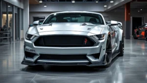 Professional photograph of a modified high-performance Saleen Mustang in silver metallic finish, shot from a three-quarter front angle in a modern automotive showroom with professional lighting, emphasizing aggressive aerodynamic modifications and premium design details, photorealistic studio quality