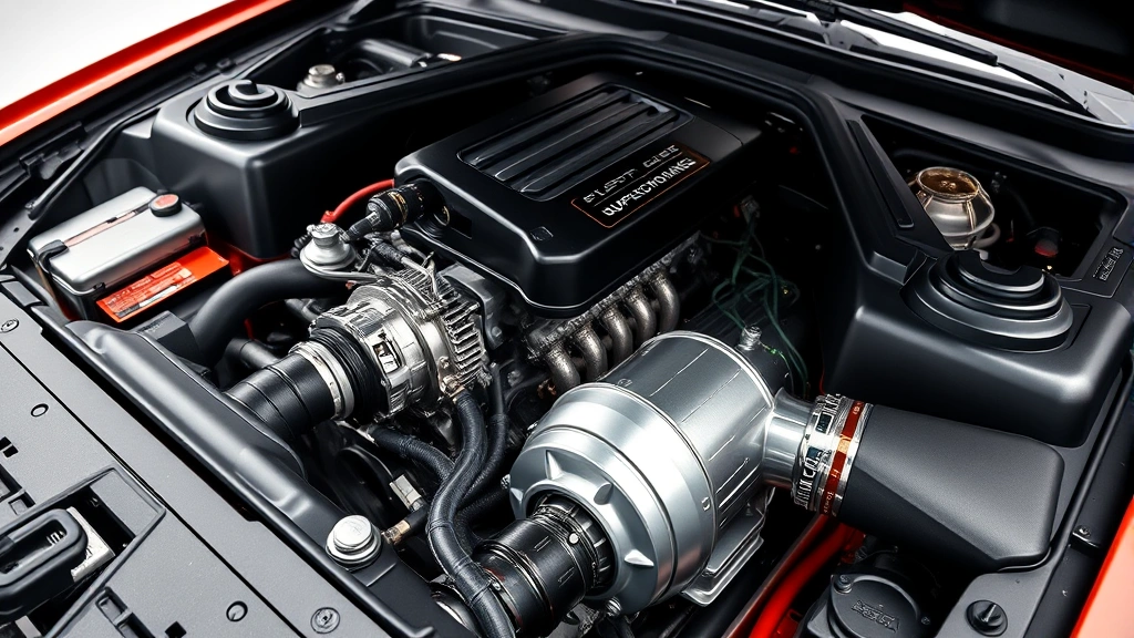 Close-up detail shot of a supercharged engine bay showing precision engineering modifications, turbocharger components, and custom intake systems on a performance Mustang, professional automotive photography style, bright studio lighting highlighting mechanical complexity